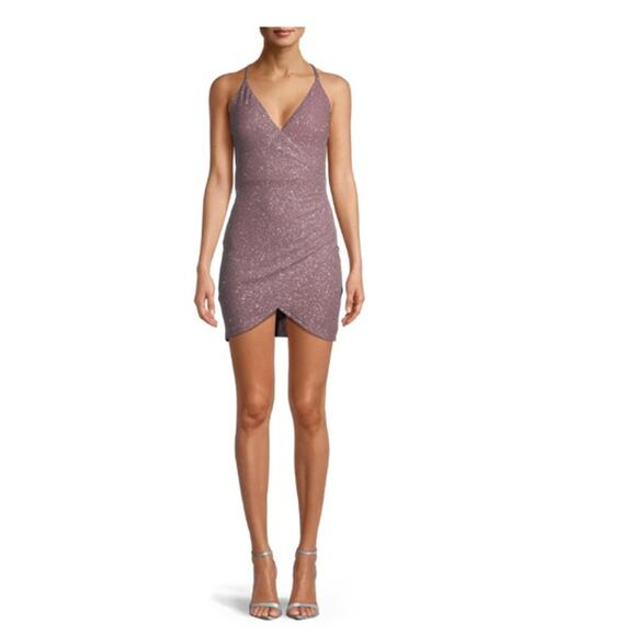 Speechless Glitter Wrap Mini Dress Purple Sparkle Sleeveless Party Dress Jr 5 - Picture 1 of 6